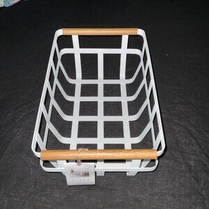 YAMAZAKI tosca white metal basket wooden handle pantry closet